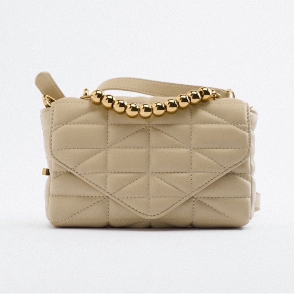 zara women crossbody bag beige quilt embellished beads removable shoulder strap
